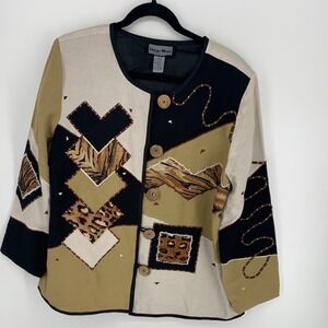 Indigo Moon Womens Large Embellished Patchwork Art Jacket Cotton Linen Blend